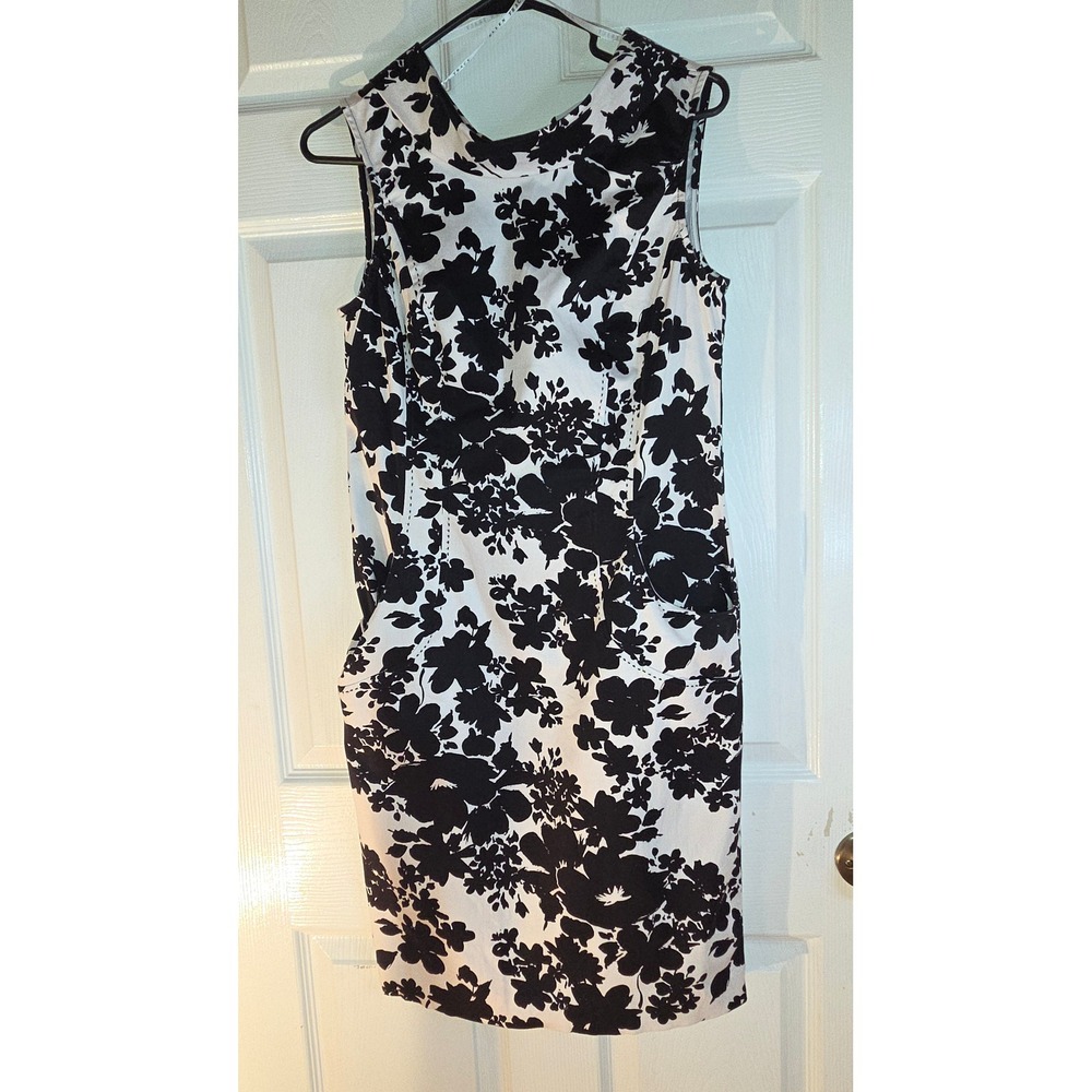 Ellen Tracy Black White Floral Sleeveless Sheath Dress Pockets Size 8